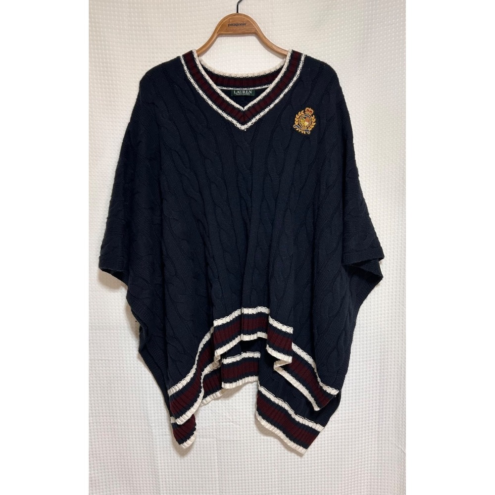RALPH LAUREN Cozy Boho Chic Knit Navy Burgundy Logo poncho One Size i. - Picture 3 of 8